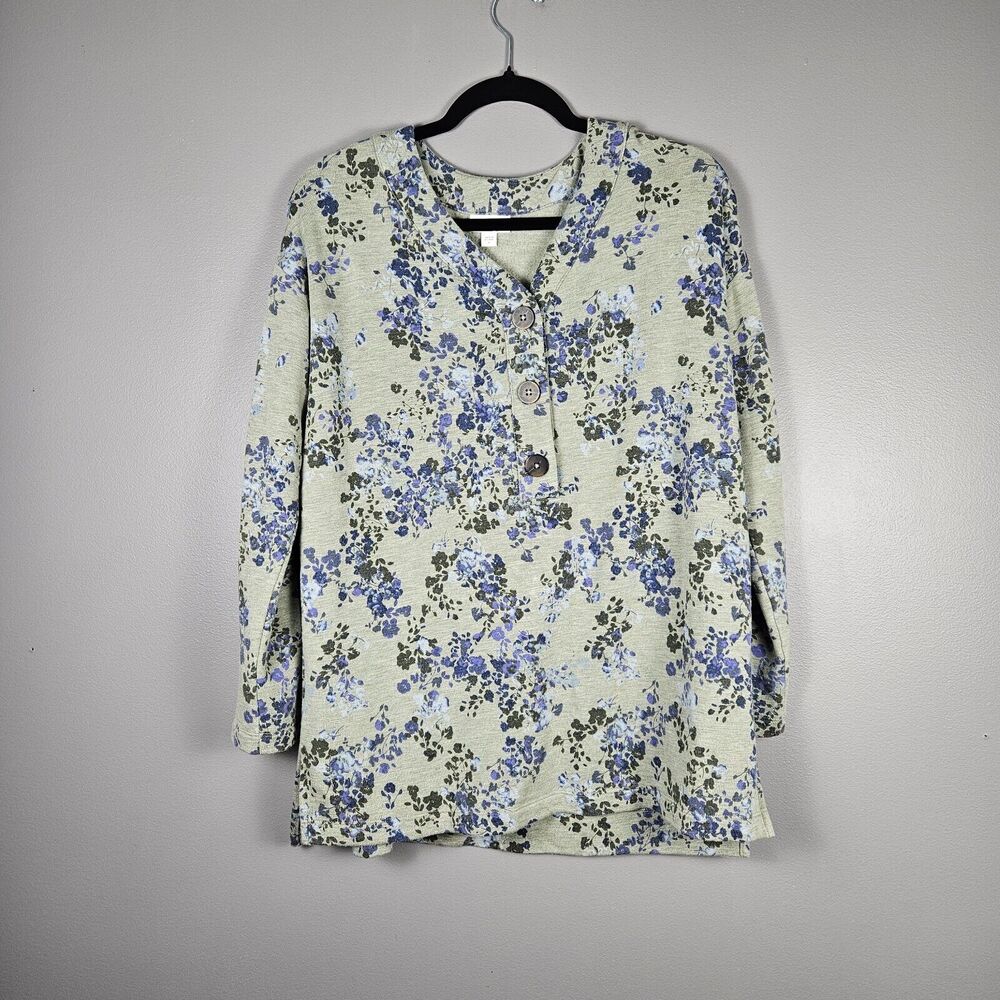 J.Jill Floral Fleece Lined Sweatshirt Top Women’s Small Gray‎ Blue Long Sleeve